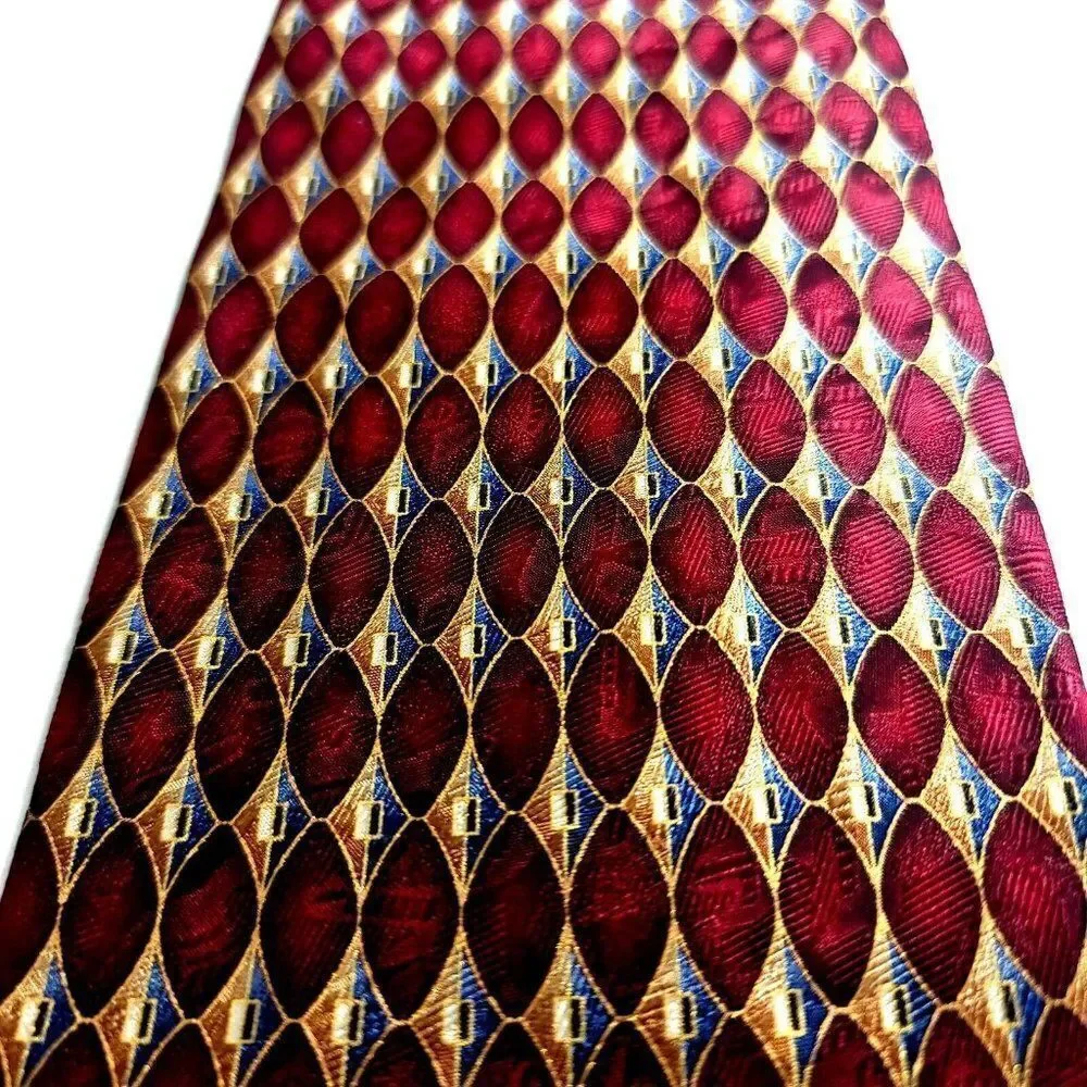 Jos A Bank Red Tan Gray Geometric‎ Jacquard Print Wide Silk Tie